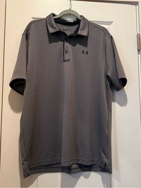 Under Armour Polo Shirt Mens XL Dark Gray Striped Loose Heatgear Short Sleeve